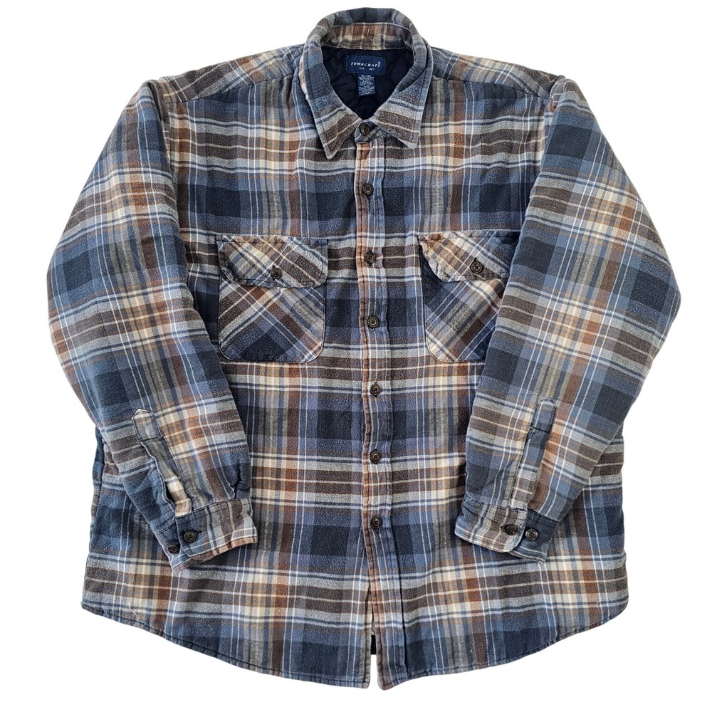 Towncraft Mens XL Quilted Lined Flannel Shirt Jacket Plaid Blue Brown Cotton